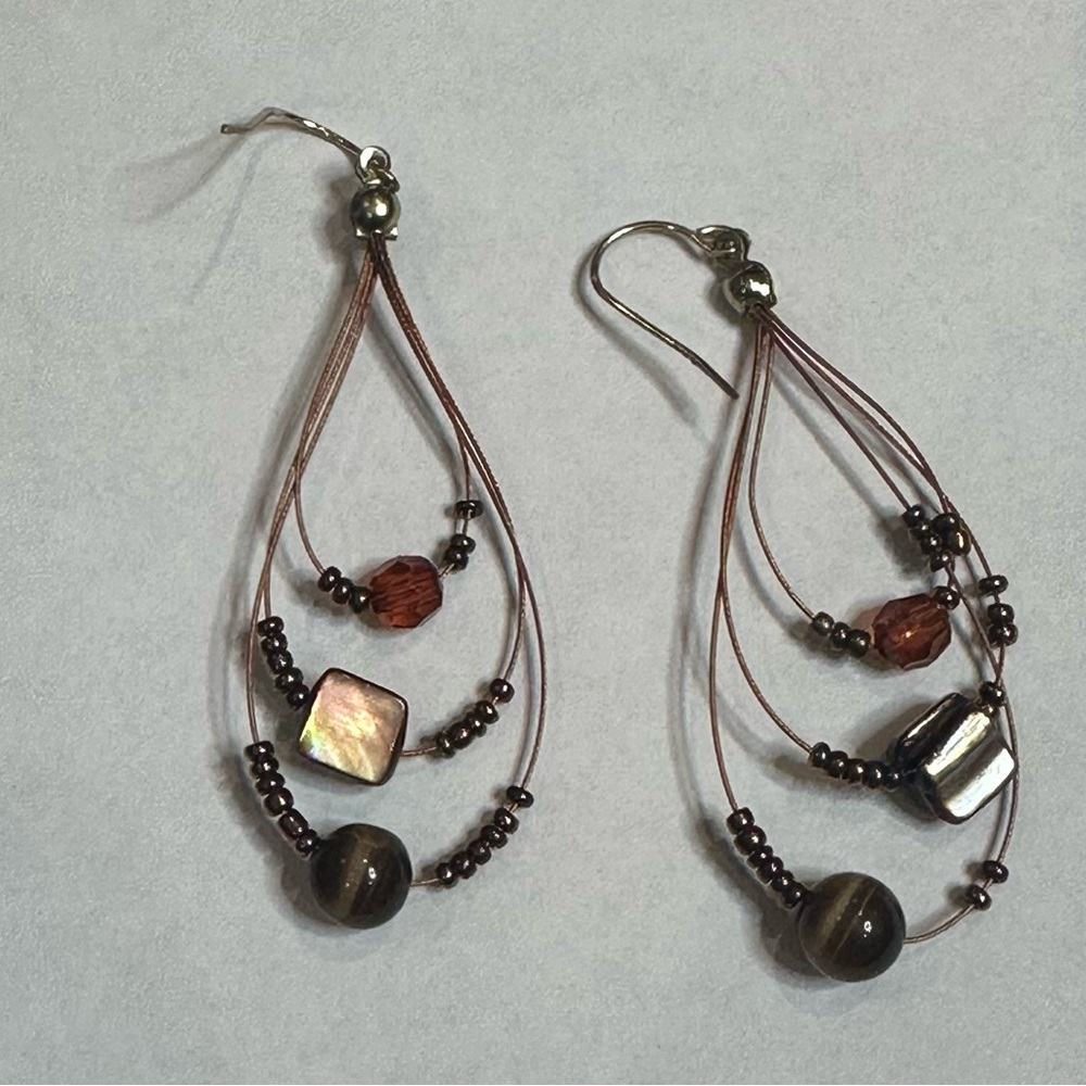 Pierced Earrings Brown Wire Beaded Teardrop Dangle